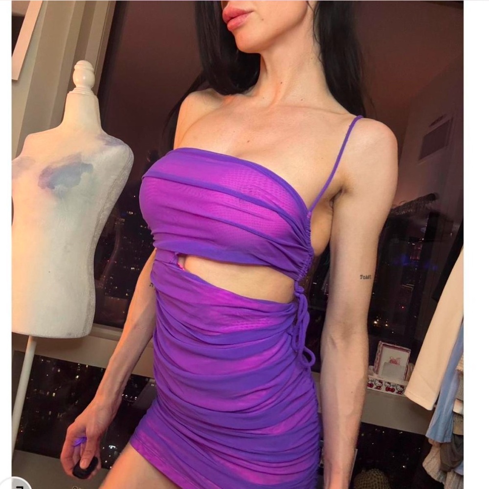 Bi color mesh bodycon purple dress with blue and pink mesh. Side cut out